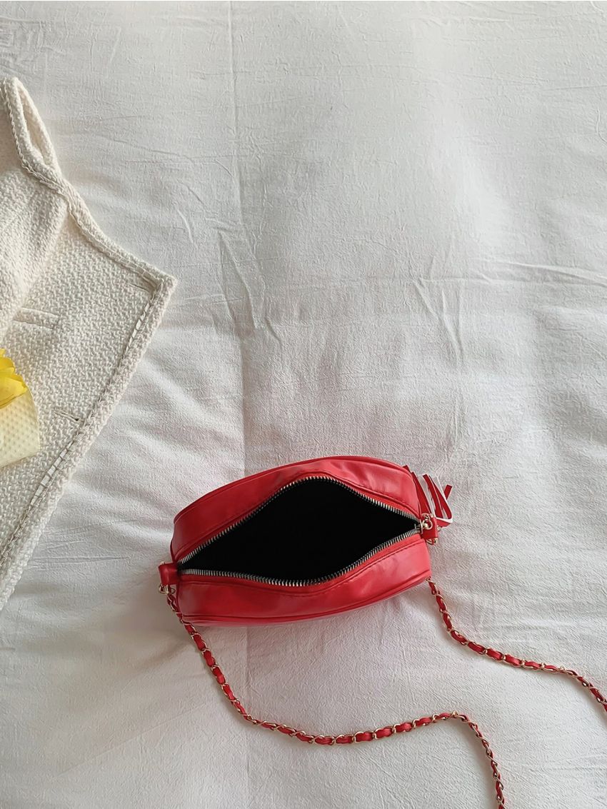 Mini Neon Red Quilted Tassel & Studded Decor Chain Square Bag