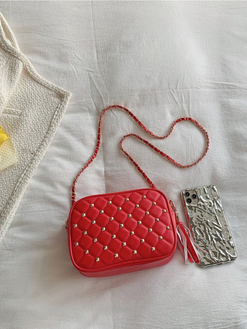 Mini Neon Red Quilted Tassel & Studded Decor Chain Square Bag