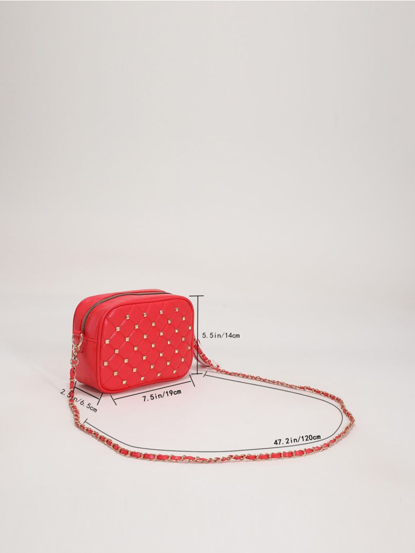 Mini Neon Red Quilted Tassel & Studded Decor Chain Square Bag