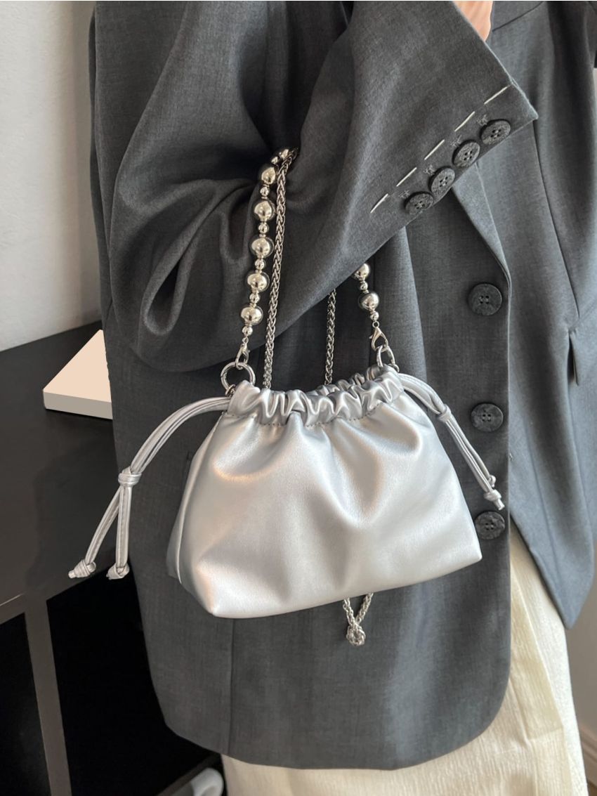 Mini Bead Decor Drawstring Design Chain Bucket Bag