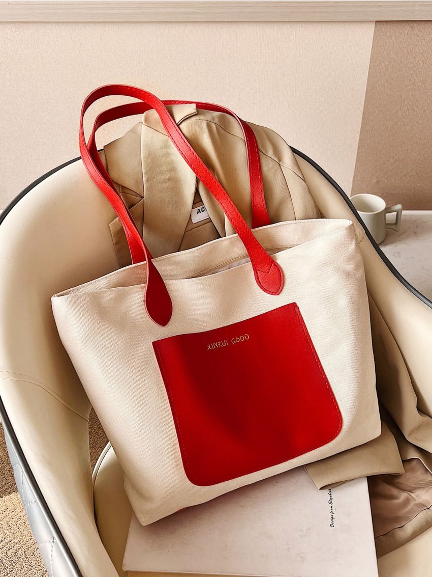 Neon Red Colorblock Letter Detail Shoulder Tote Bag