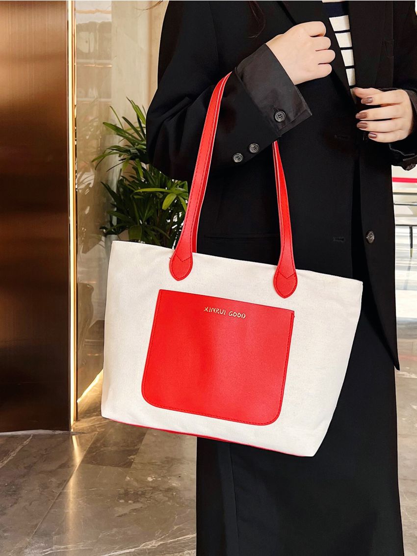 Neon Red Colorblock Letter Detail Shoulder Tote Bag