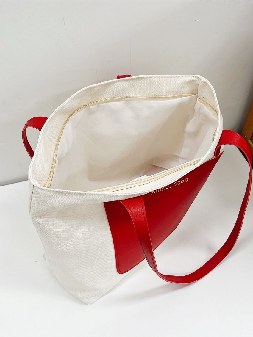 Neon Red Colorblock Letter Detail Shoulder Tote Bag