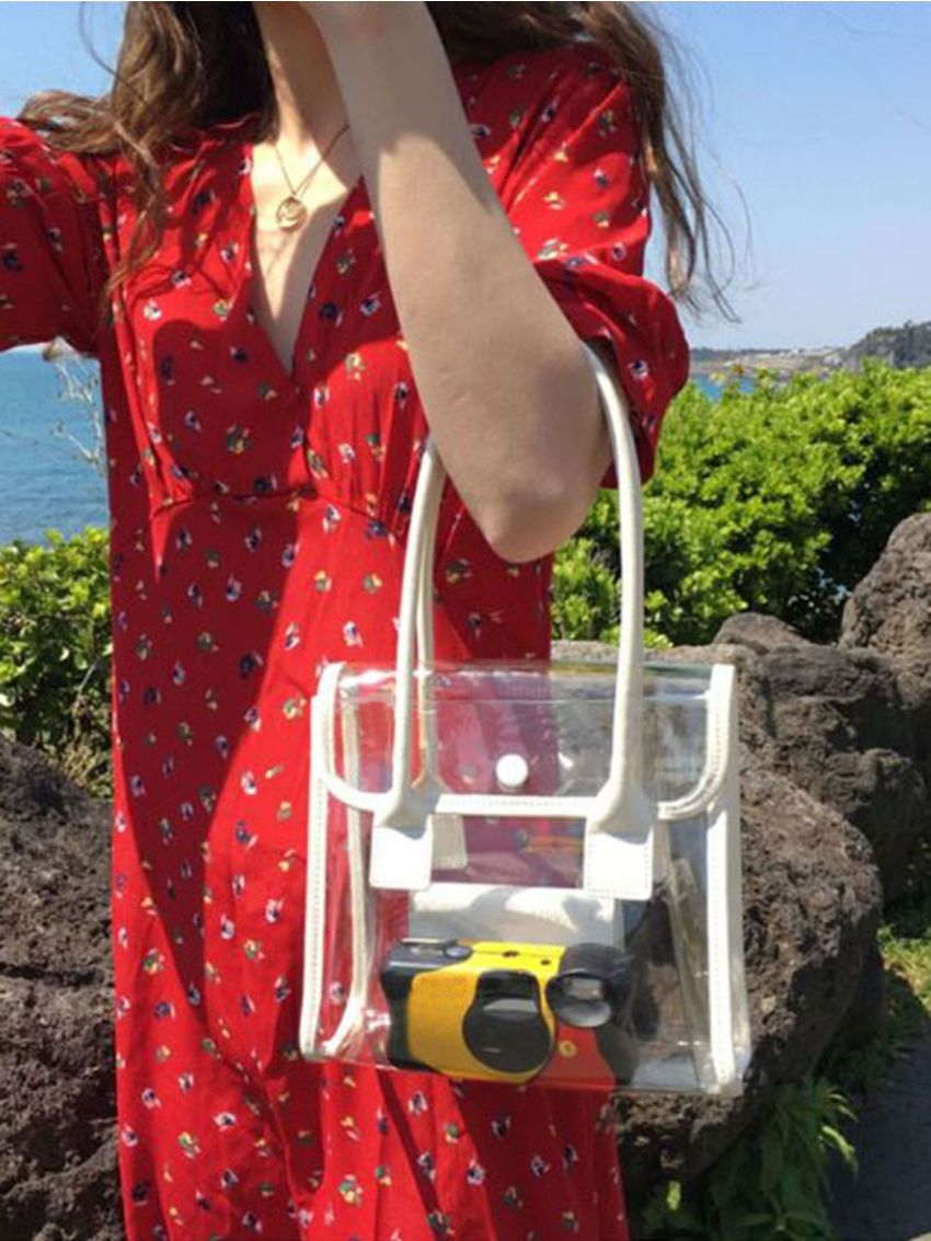 Contrast Binding Flap Transparent Square Bag Without Purse