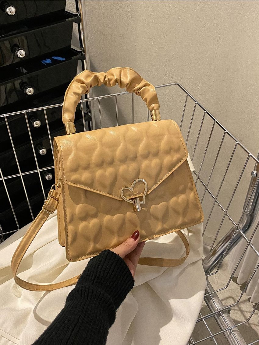 Heart Embossed Metal Lock Flap Square Bag