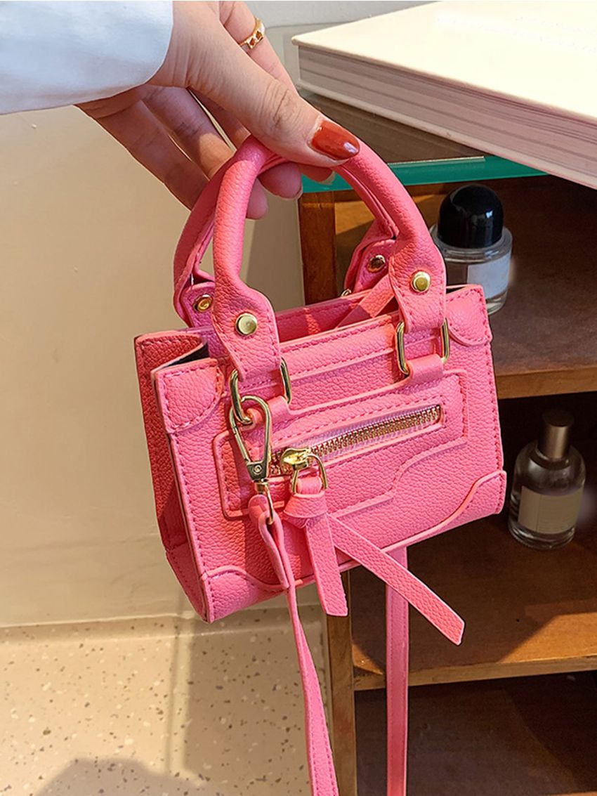 Mini Neon Pink Litchi Embossed Square Bag