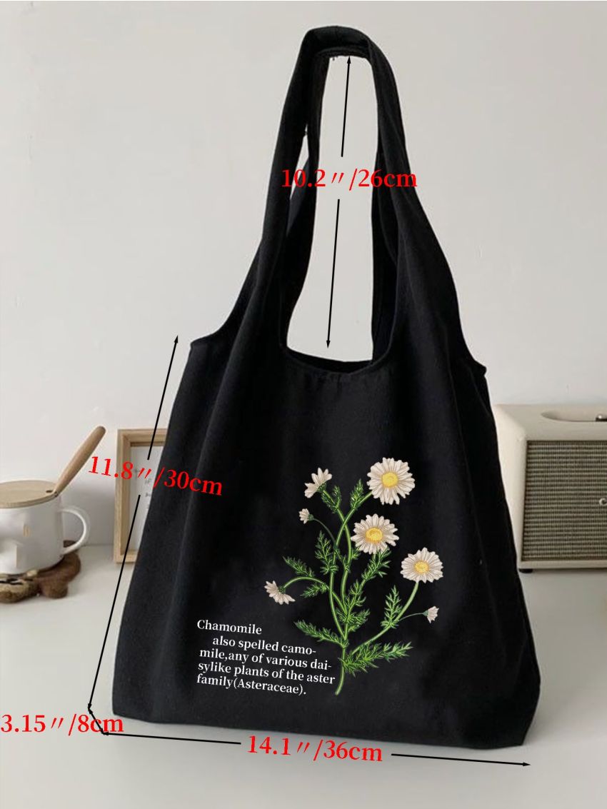 Flower & Letter Print Canvas Shopper Bag