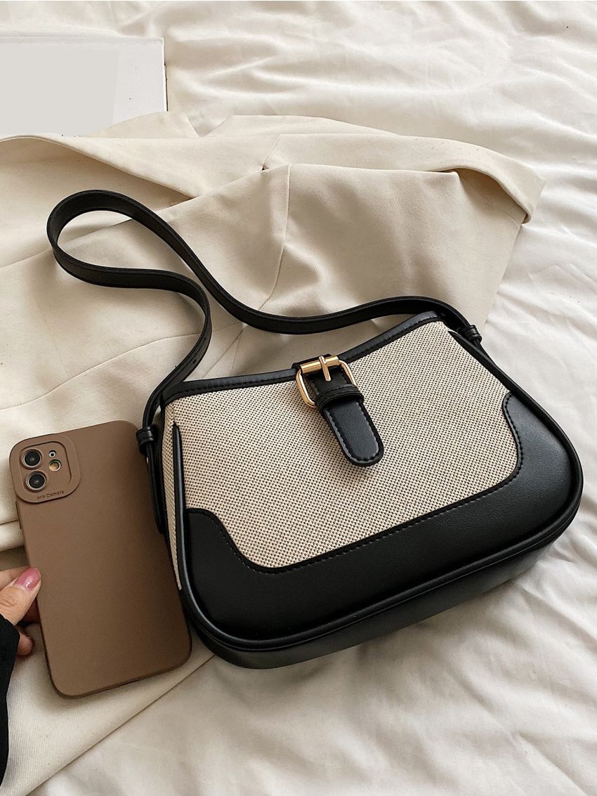 Two Tone Buckle Decor Baguette Bag