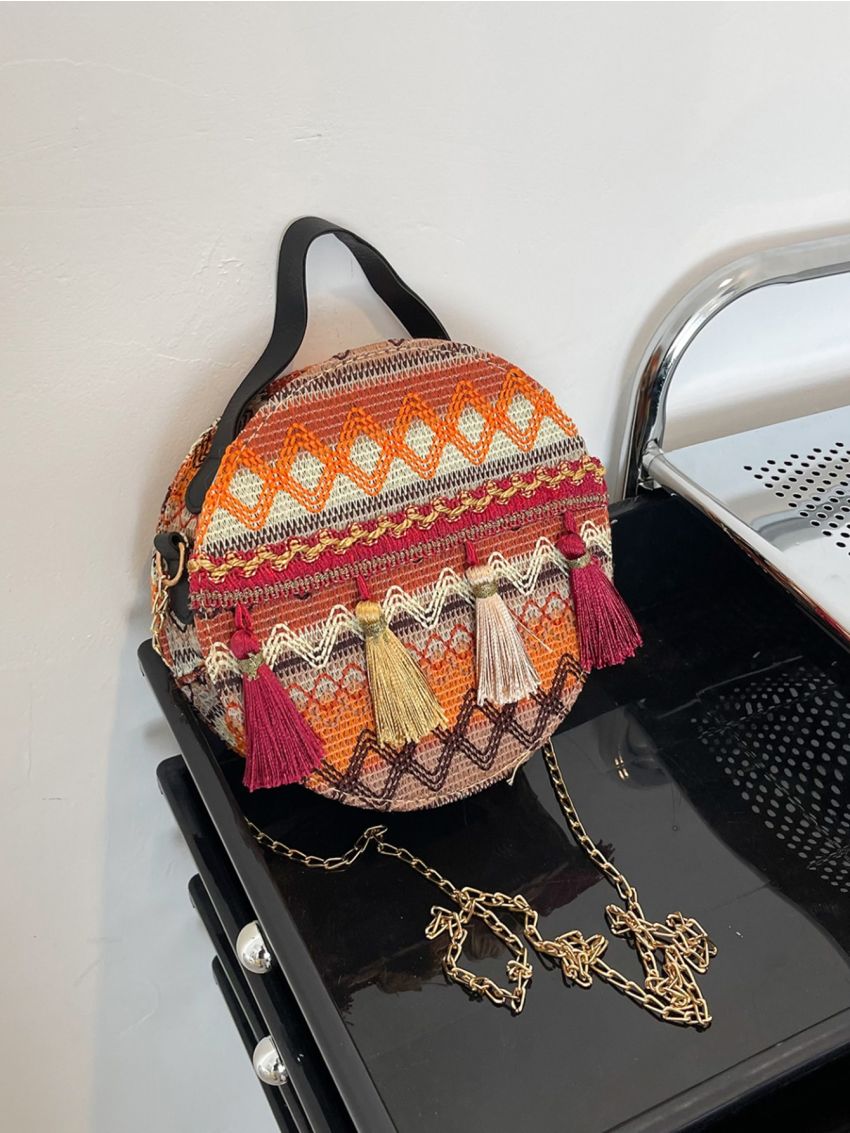Mini Geometric Pattern Tassel Decor Chain Circle Bag