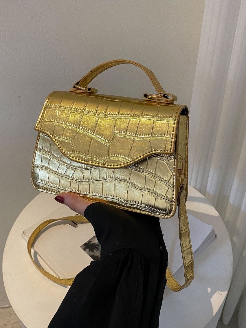 Mini Metallic Crocodile Embossed Flap Square Bag