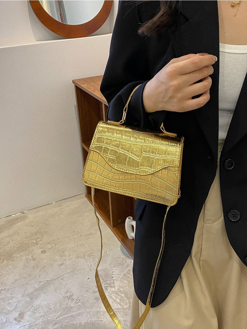 Mini Metallic Crocodile Embossed Flap Square Bag