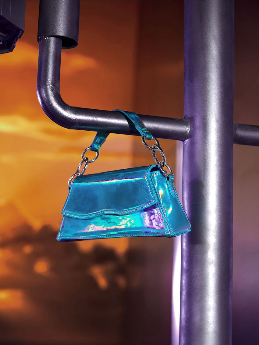 Mini Holographic Top Handle Flap Baguette Bag