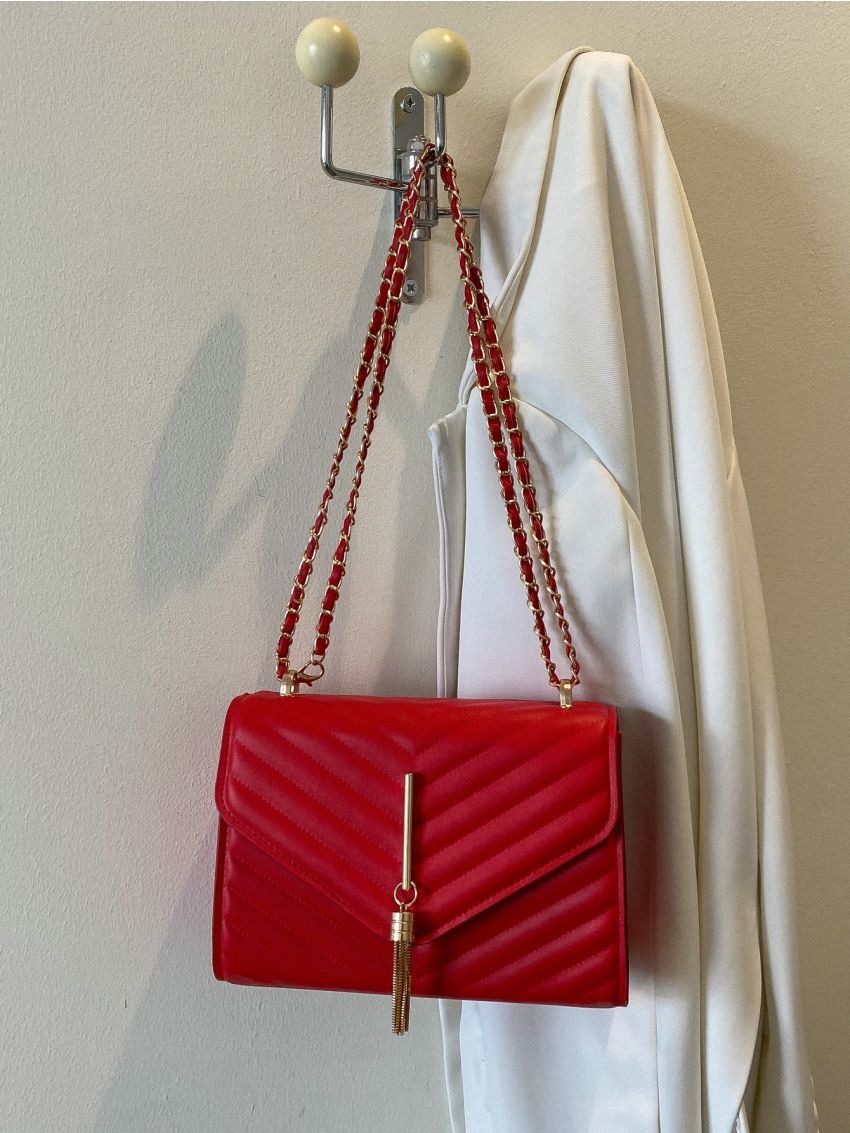 Neon Red Chevron Detail Metal Tassel Decor Flap Chain Square Bag