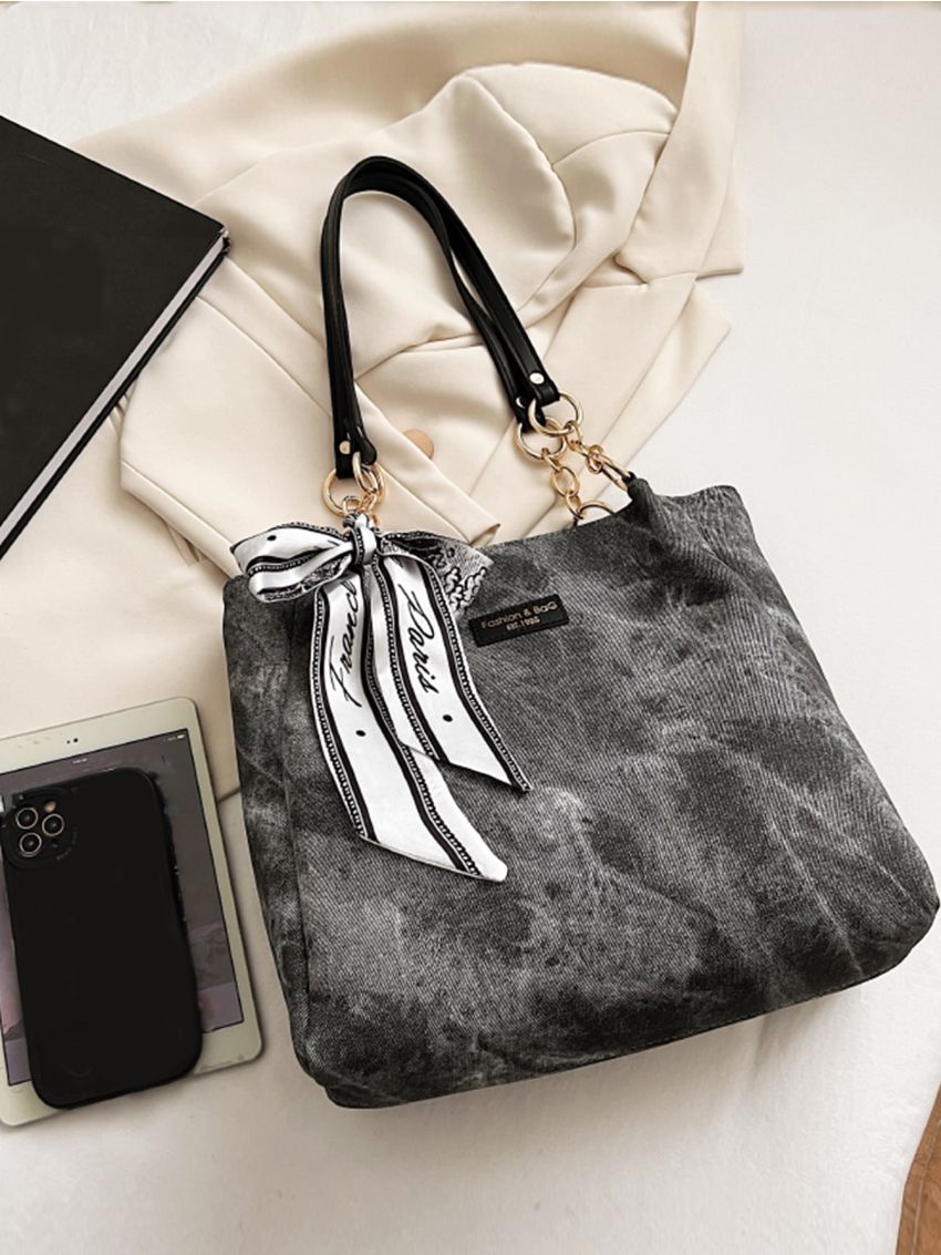 Letter Patch & Twilly Scarf Decor Shoulder Tote Bag