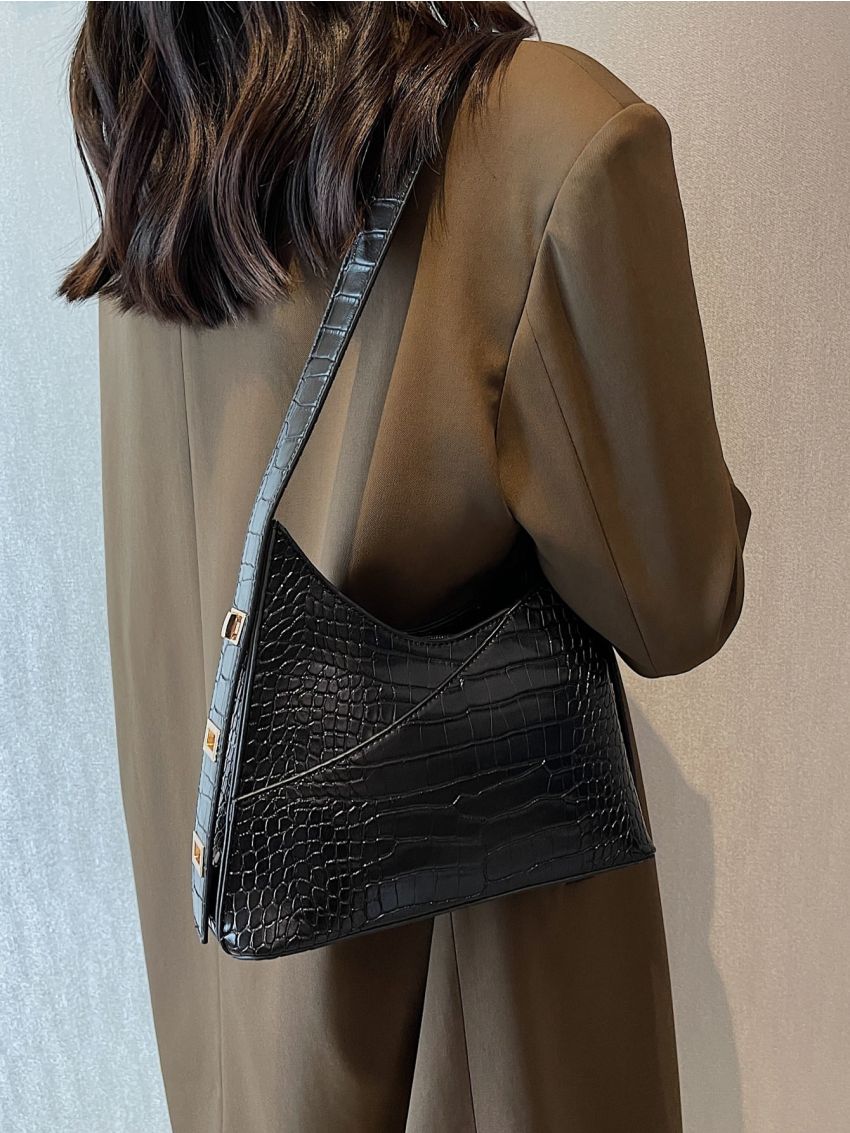 Crocodile Embossed Twist Lock Hobo Bag