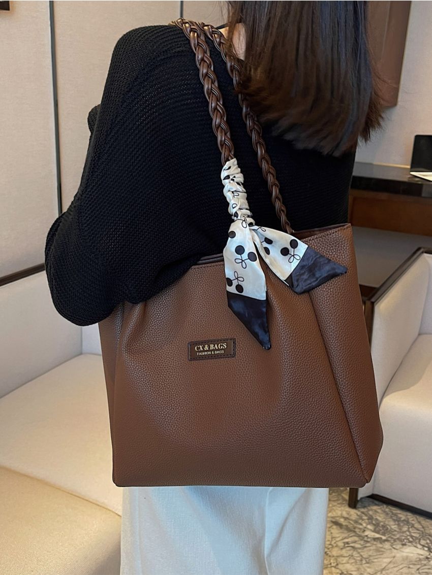 Letter Patch Twilly Scarf Decor Shoulder Tote Bag