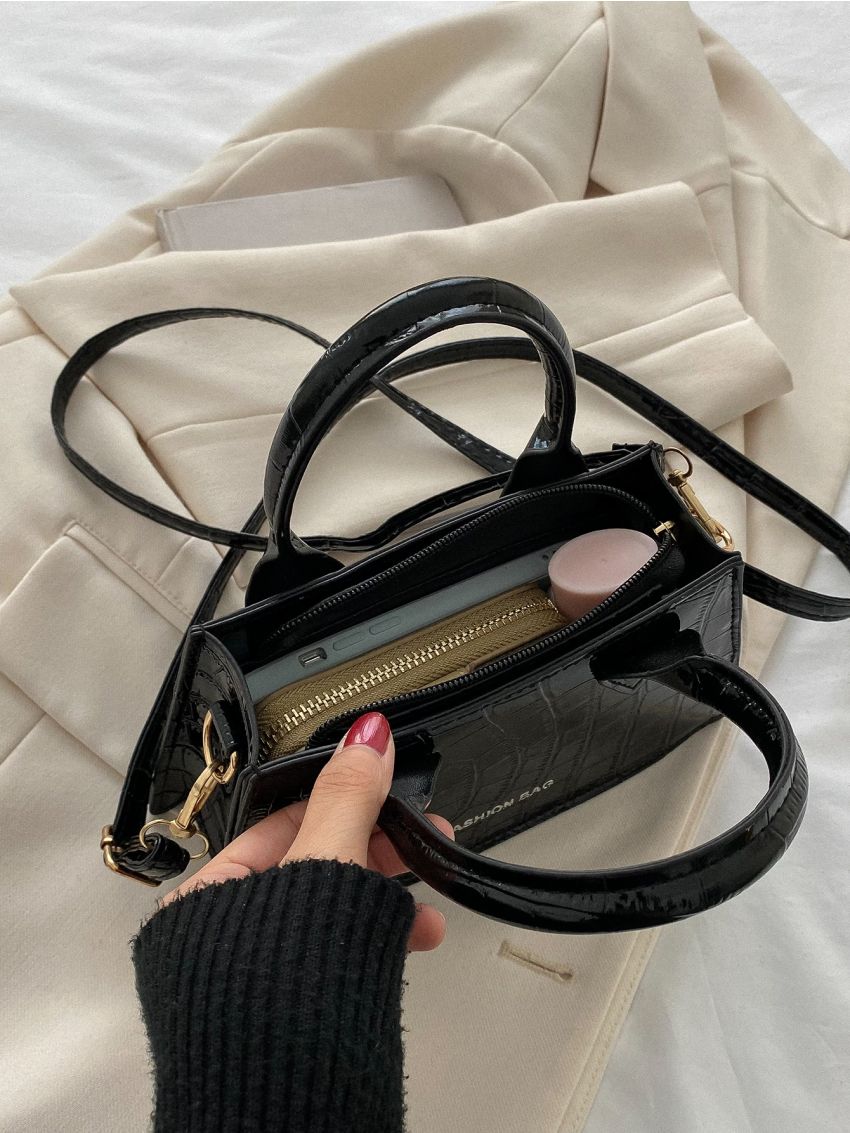 Crocodile Embossed Letter Detail Square Bag