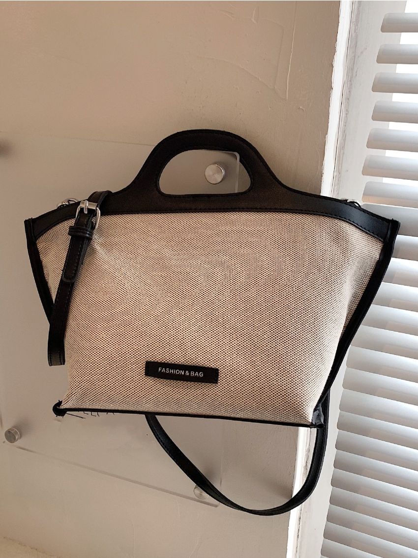 Contrast Binding Letter Patch Decor Canvas Top Handle Bag