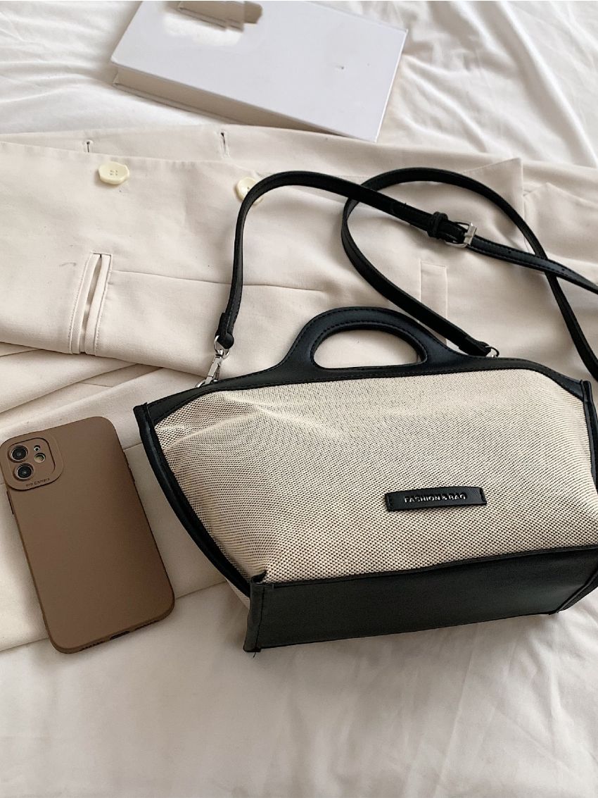 Contrast Binding Letter Patch Decor Canvas Top Handle Bag