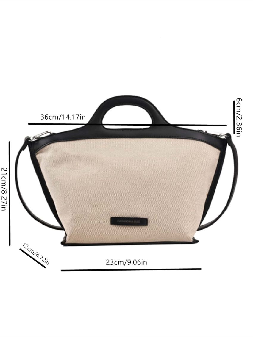 Contrast Binding Letter Patch Decor Canvas Top Handle Bag