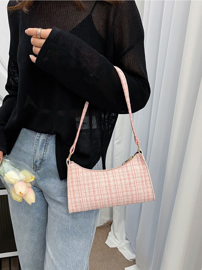 Colorblock Plaid Pattern Baguette Bag