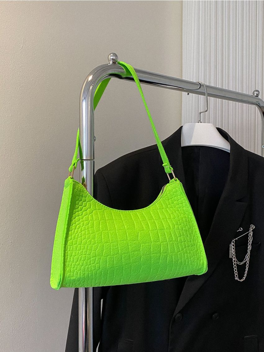 Neon Green Crocodile Embossed Felt Baguette Bag