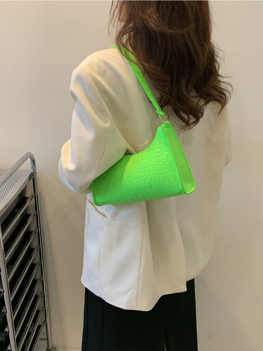 Neon Green Crocodile Embossed Felt Baguette Bag