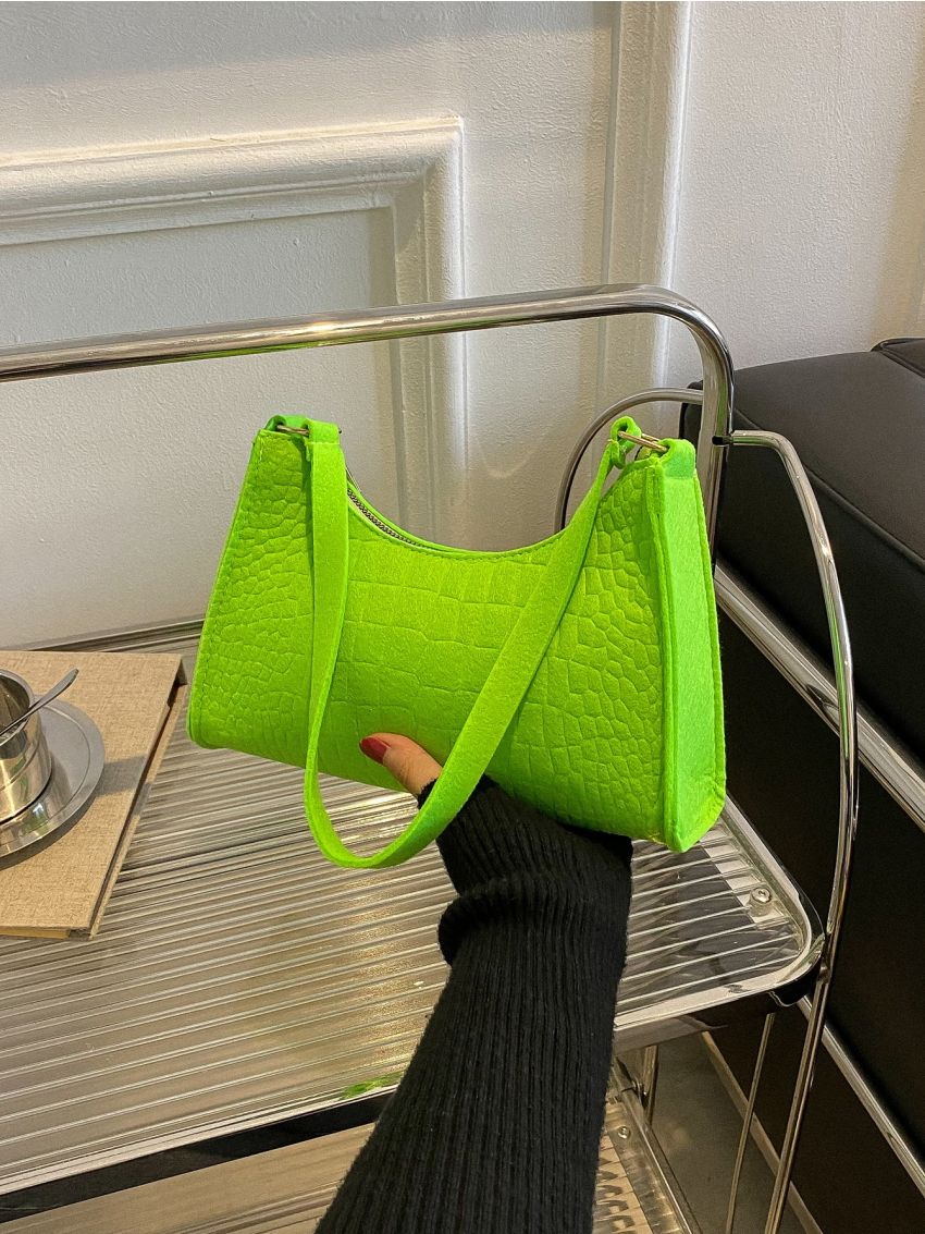 Neon Green Crocodile Embossed Felt Baguette Bag