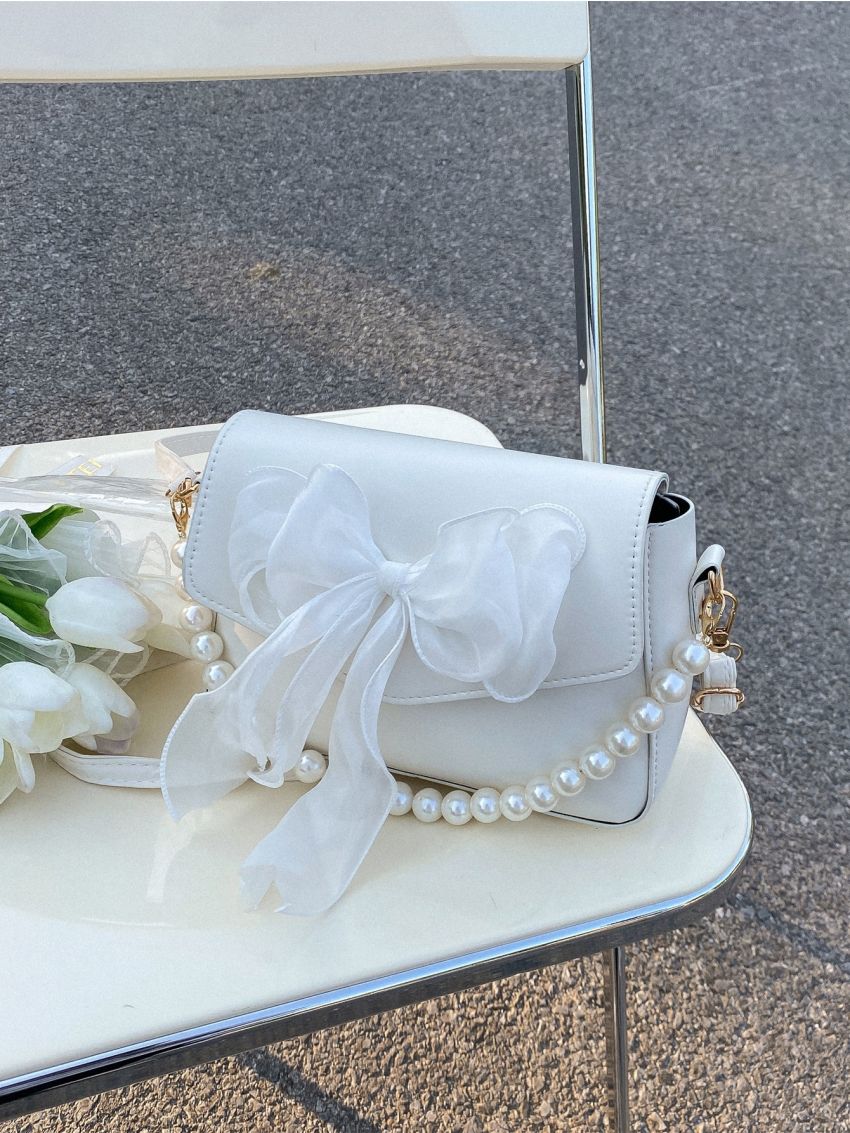 Mini Bow & Faux Pearl Decor Flap Square Bag