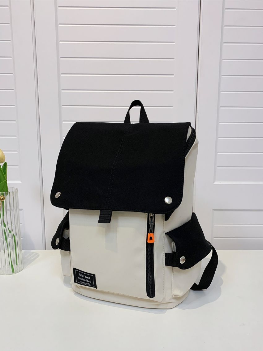 Two Tone Letter Patch Decor Flap Backpack