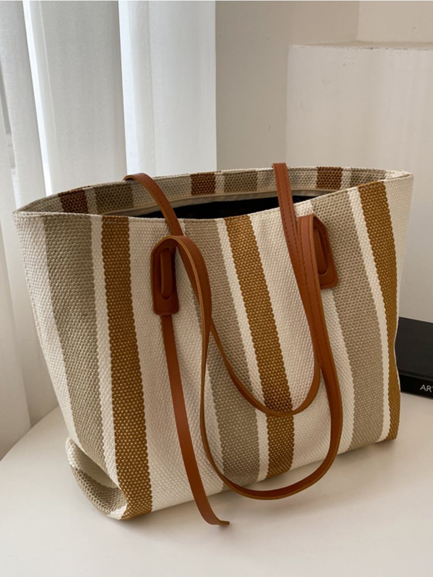 Simple Striped Pattern Shoulder Bag, Women's Fashion Large Capacity Tote Bag, Casual Zipper Shopping Bag