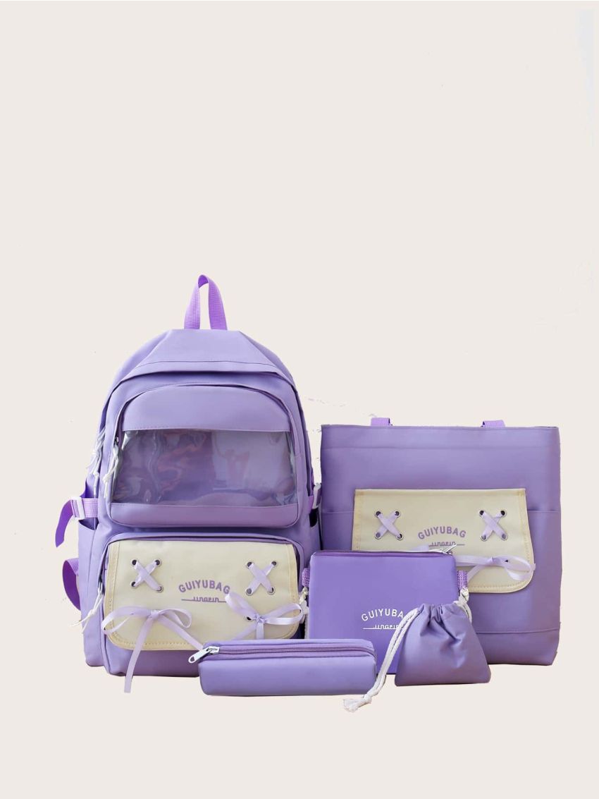 5pcs Colorblock Letter & Lace Up Decor Backpack Set
