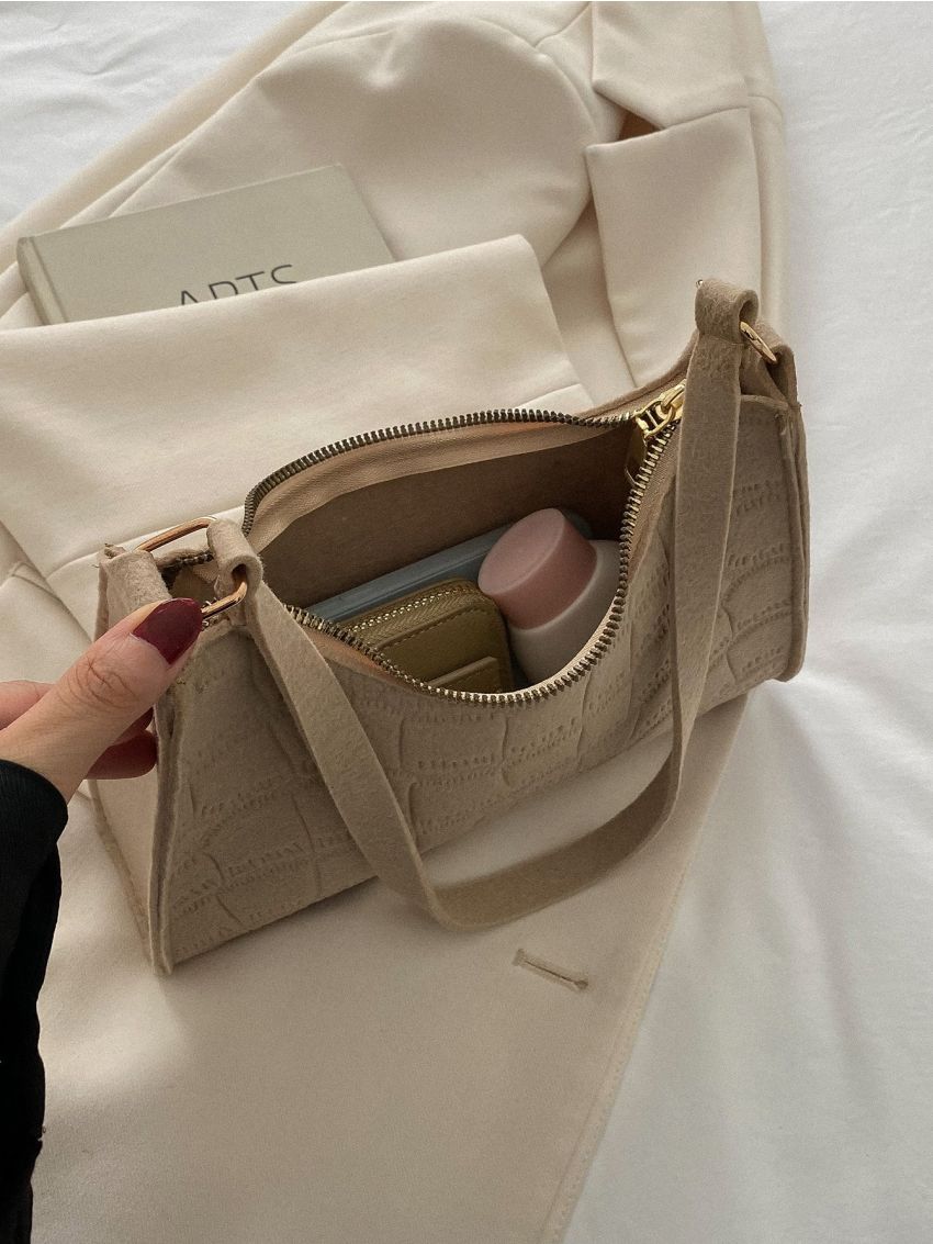 Crocodile Embossed Felt Baguette Bag