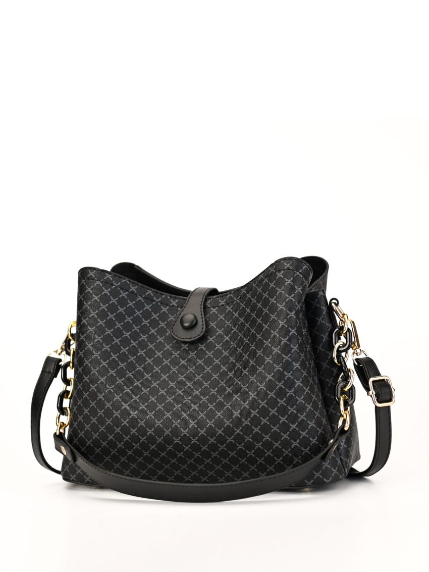 Geo Graphic Snap Button Bucket Bag Elegant Bucket Bag, Artificial Leather Women's Casual Crossbody Bag With Removable Strap, Mothers Day Gift For Mom