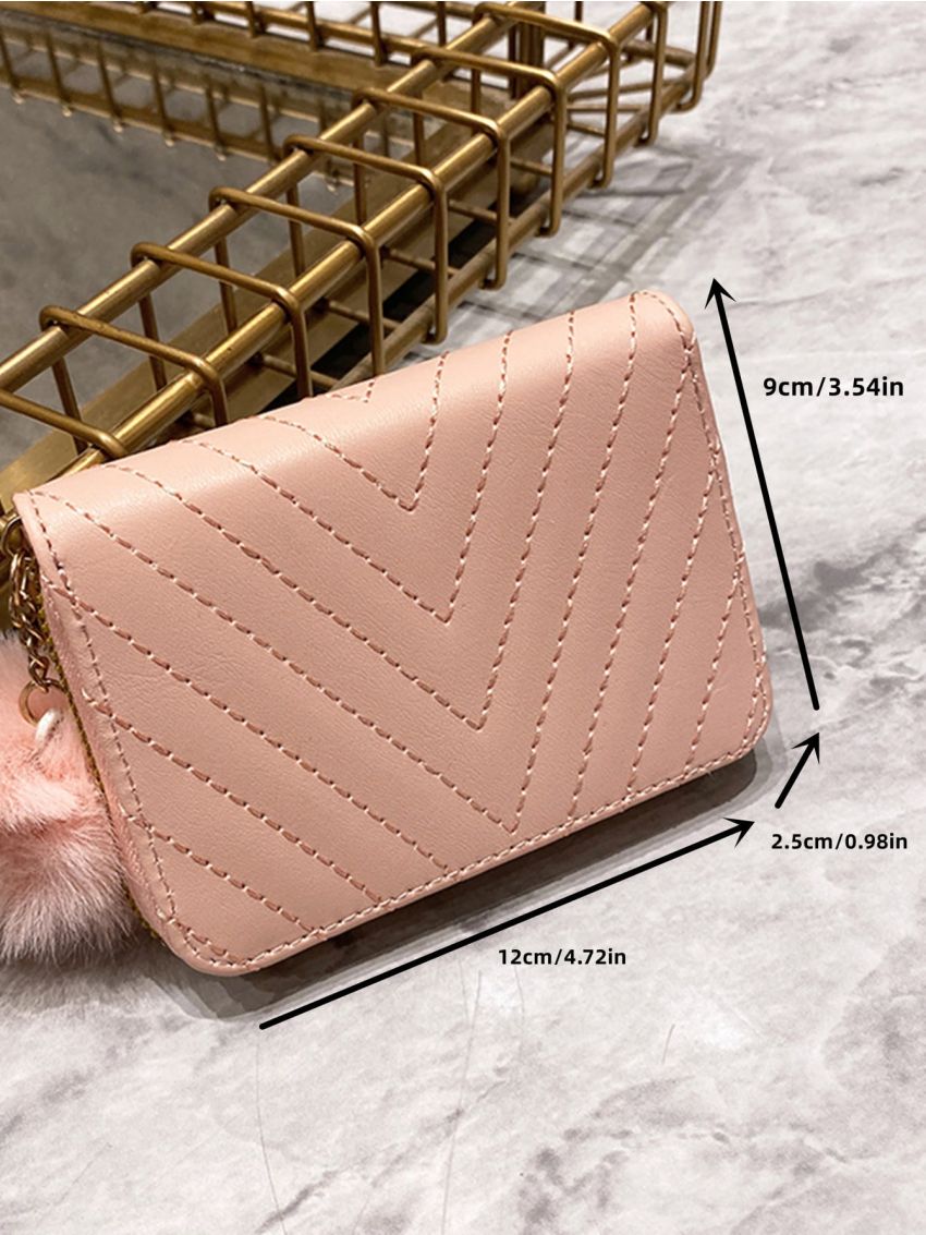 Chevron Coin Purse With Bag Charm Pompom Decor Small Wallet, Cute Zip Around Wallet With Card Slots & Zipper Pocket