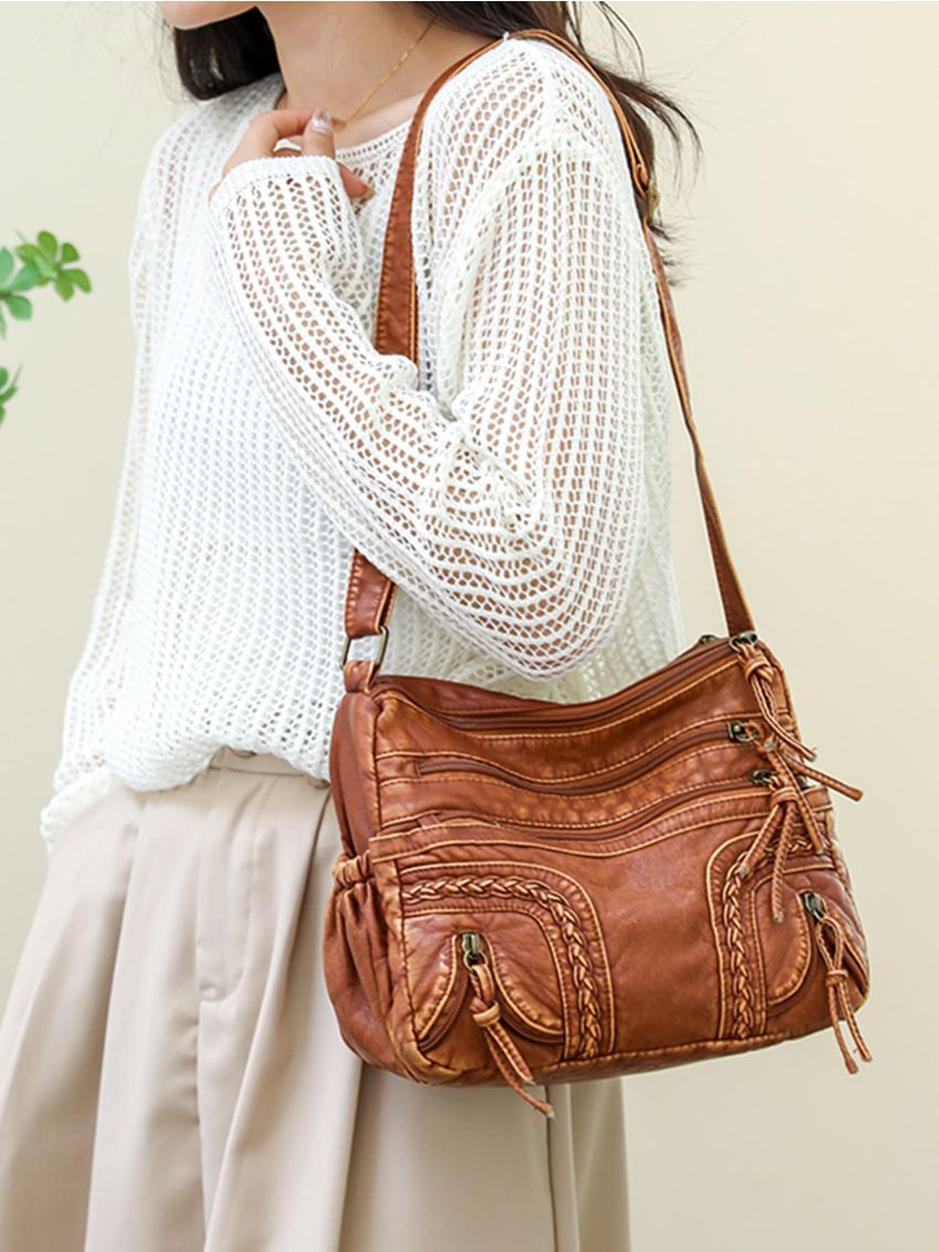 Minimalist Hobo,Large Capacity Shoulder Bag, Retro Style Artificial Leather Crossbody Bag, Casual Zipper Messenger Bag