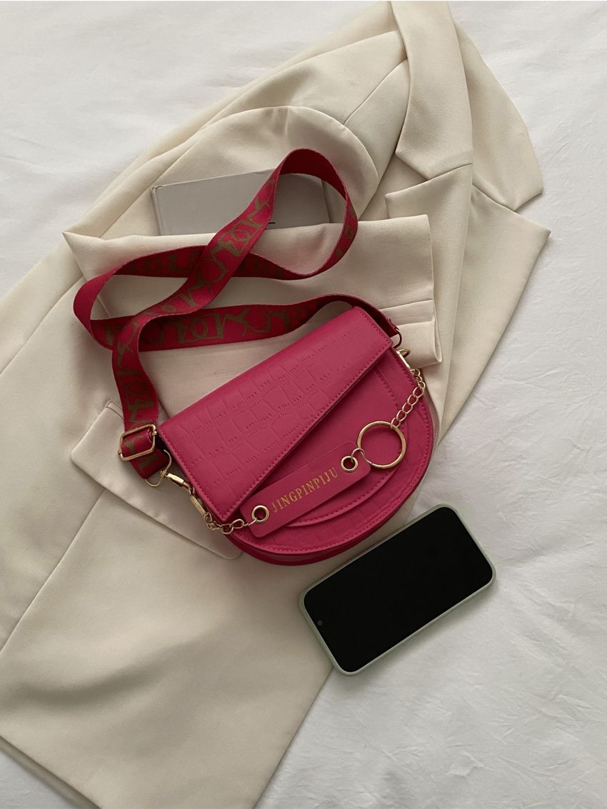 Mini Neon-pink Crocodile Embossed Letter Graphic Flap Saddle Bag