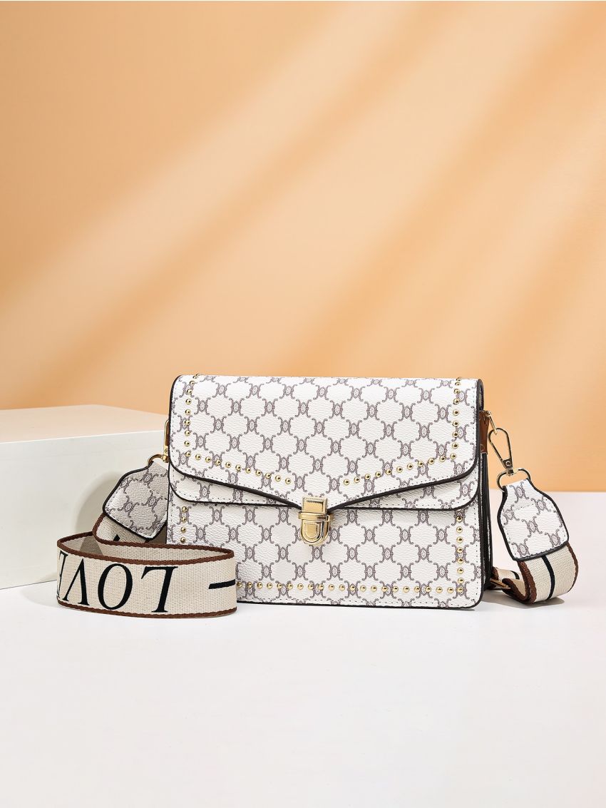 Geometric Pattern Studded Decor Push Lock Flap Square Bag