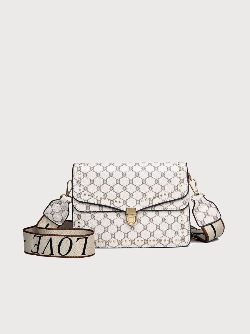 Geometric Pattern Studded Decor Push Lock Flap Square Bag