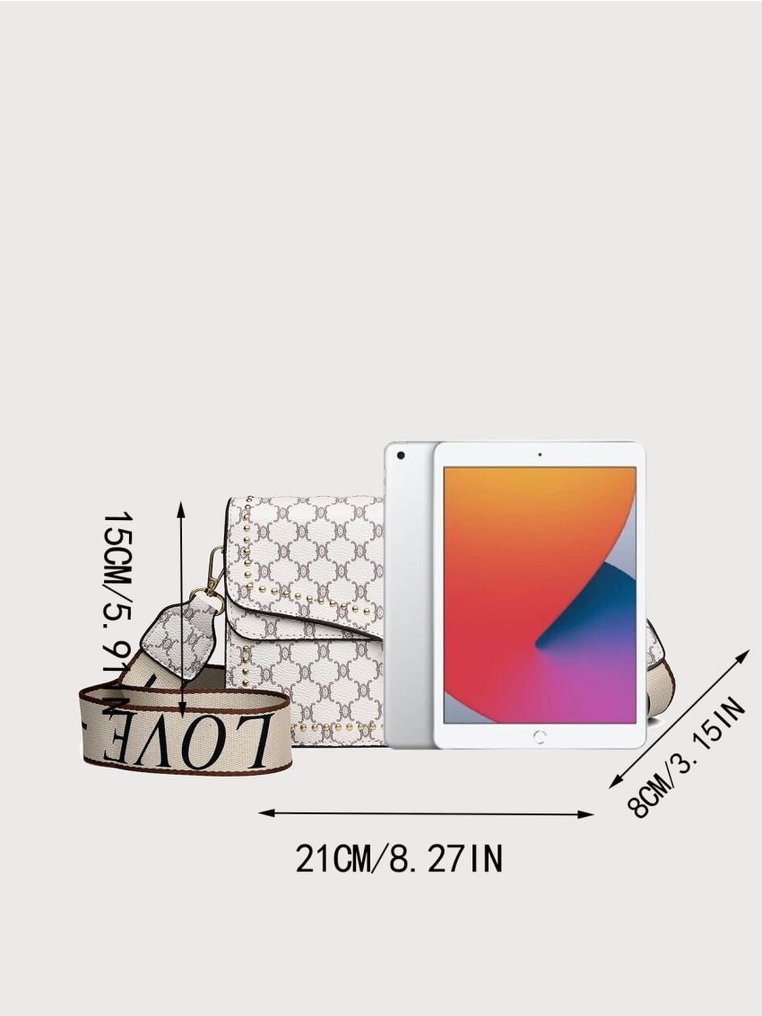 Geometric Pattern Studded Decor Push Lock Flap Square Bag