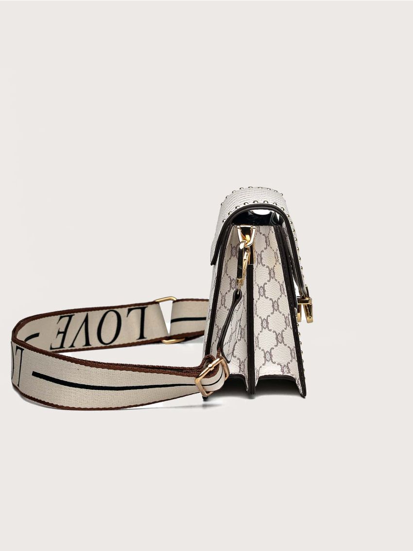 Geometric Pattern Studded Decor Push Lock Flap Square Bag