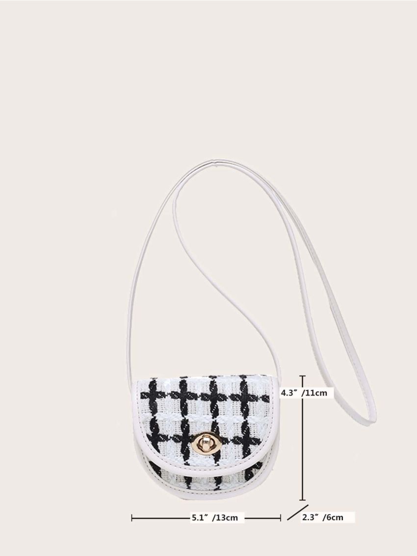 Mini Plaid Pattern Twist Lock Flap Tweed Saddle Bag