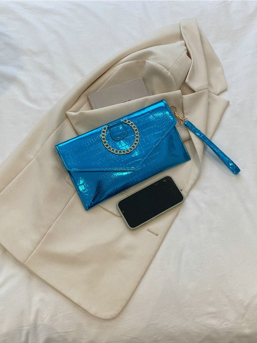 Artificial Patent Leather Metallic Crocodile Embossed Square Bag