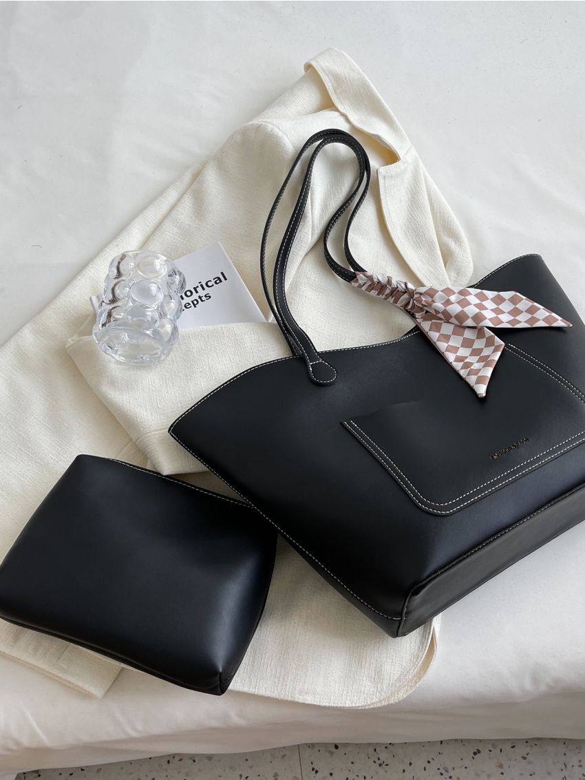 Twilly Scarf Decor Shoulder Tote Bag With Inner Pouch