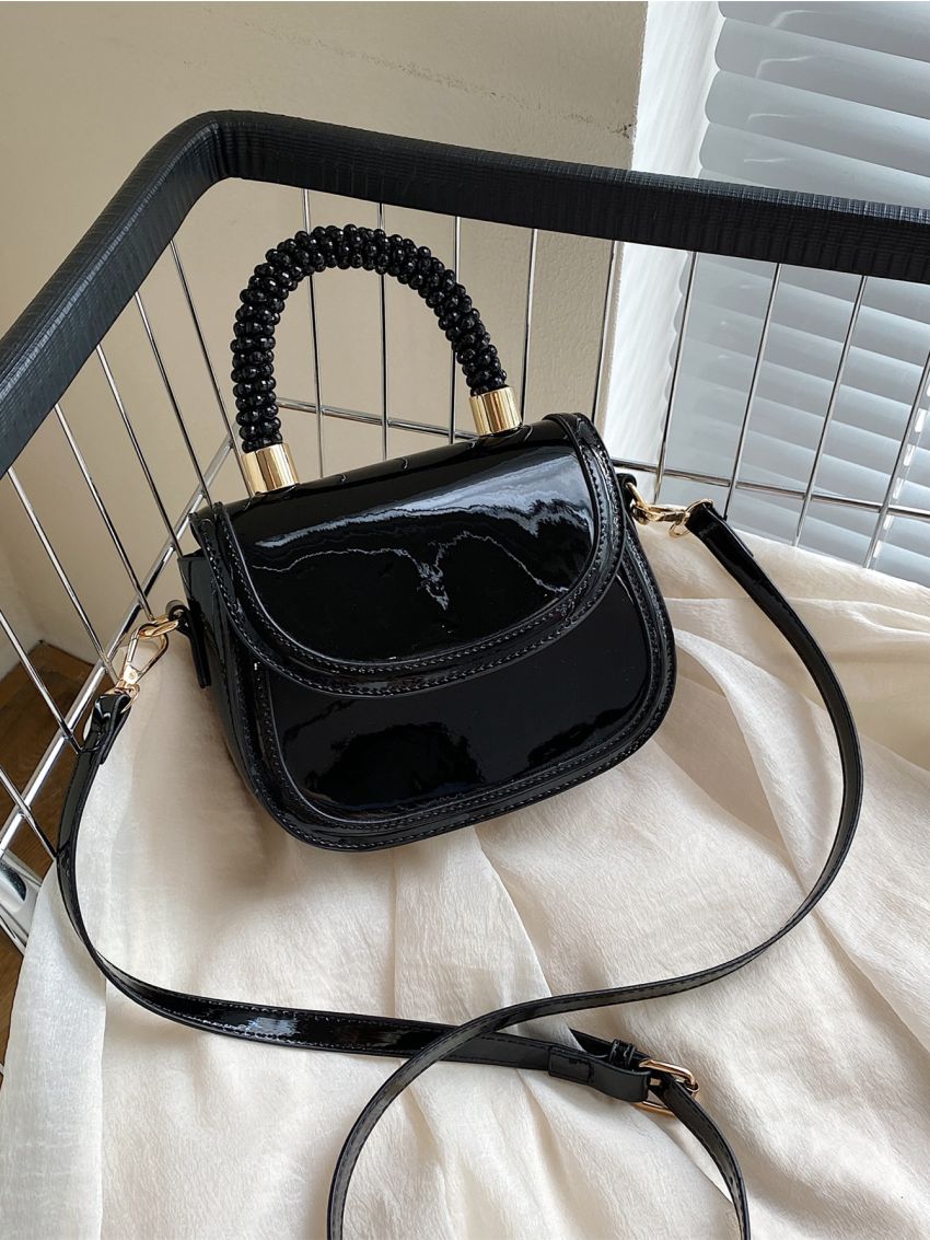 Mini Artificial Patent Leather Bead Decor Flap Saddle Bag