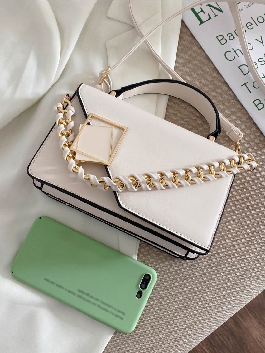 Metal Decor Square Handbag, Mini Chain Flap Purse, Women's Artificial Leather Crossbody Bag (7.9 X 5.1 X 3.1) Inch Mini Metal & Chain Decor Flap Square Bag