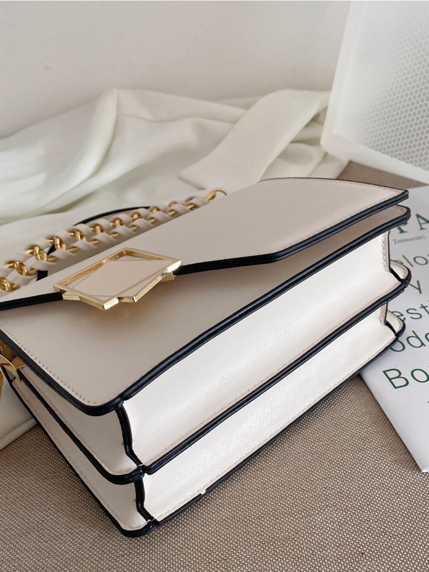 Metal Decor Square Handbag, Mini Chain Flap Purse, Women's Artificial Leather Crossbody Bag (7.9 X 5.1 X 3.1) Inch Mini Metal & Chain Decor Flap Square Bag