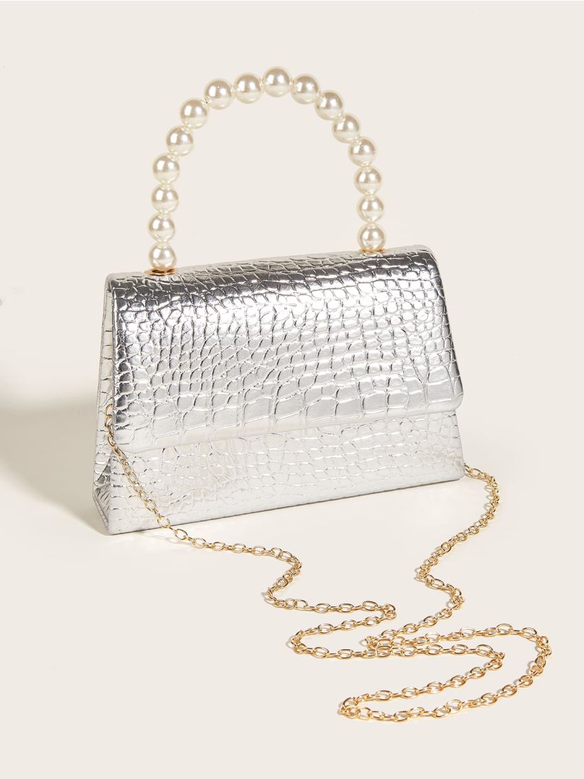 Mini Metallic Crocodile Embossed Faux Pearl Decor Flap Chain Square Bag