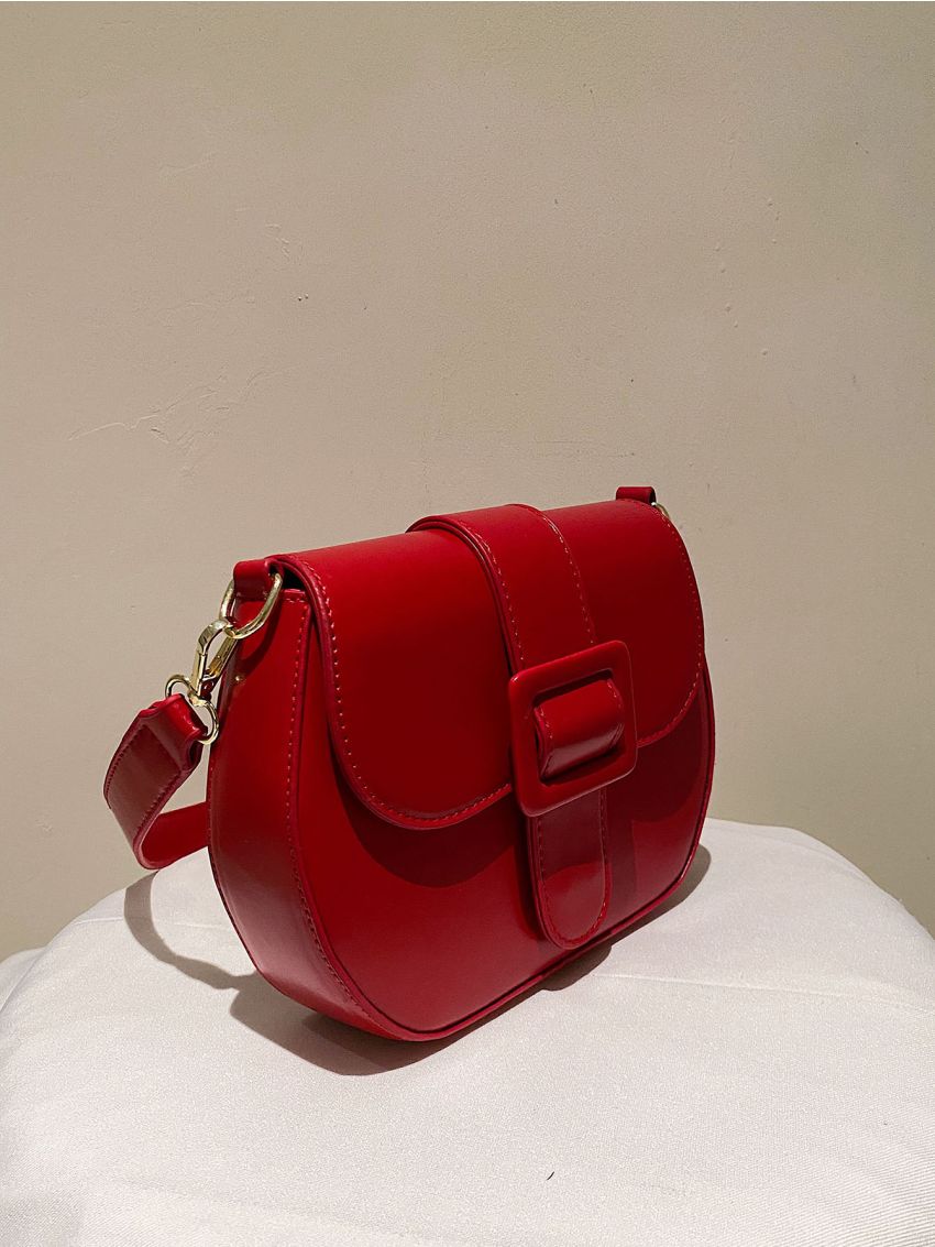 Neon-red Buckle Decor Flap Saddle Bag