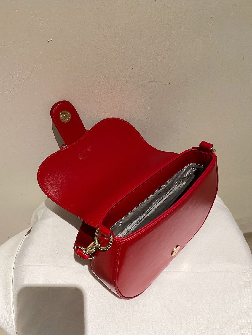 Neon-red Buckle Decor Flap Saddle Bag